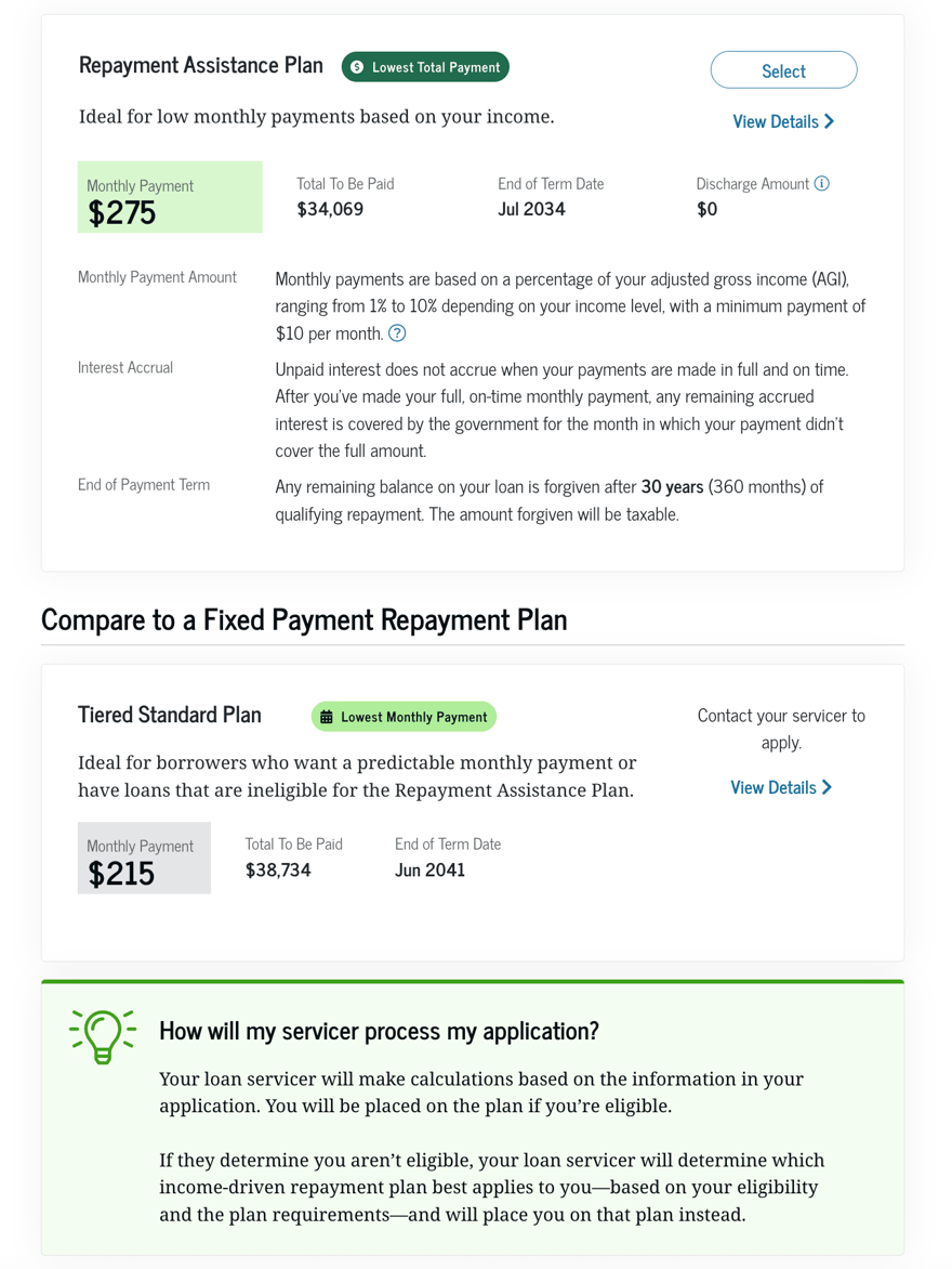 Screenshot of StudentAid new IDR application that includes RAP and Tiered Standard.