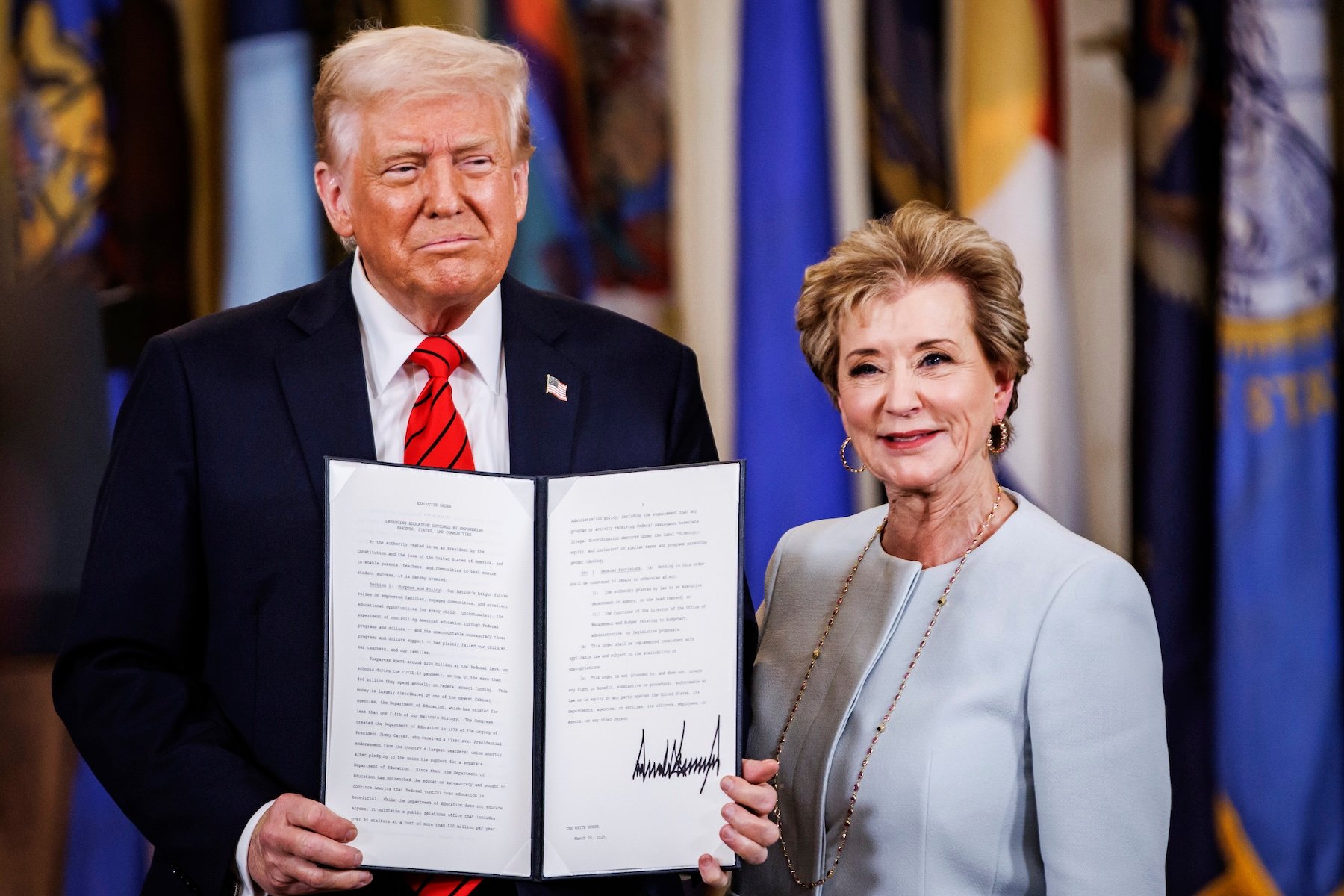 President Donald Trump holds the executive order to dismantle the Department of Education he just signed with Education Secretary Linda McMahon during an event in the East Room of the White House in Washington, D.C. on March 20, 2025. The Department of Education was first formed in 1980 by President Jimmy Carter and has long been a target for Republicans. (Photo by Samuel Corum/Sipa USA)(Sipa via AP Images)