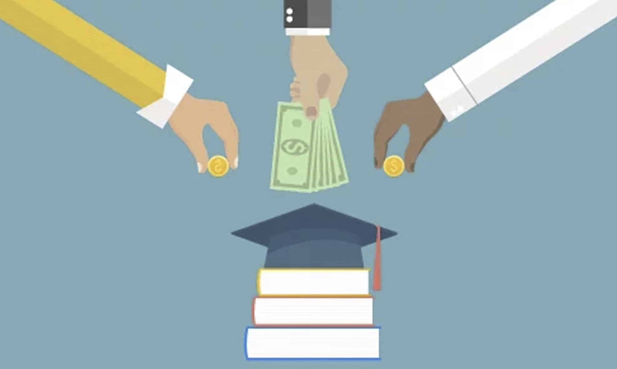 This illustrative image depicts three sets of hands, each representing different parties involved in student loan refinancing. A central hand from above, wearing a suit cuff, holds and disperses several US dollar bills, symbolizing a lender or financial institution providing new funds. Two other hands, one with a yellow sleeve and another with a white sleeve, are shown pushing gold coins towards the center, representing individuals making payments or investments. Below these hands, a stack of three books with a graduation cap resting on top clearly signifies education and student loans. The overall scene visually communicates the process of student loan refinancing, where a new loan replaces existing debt, as discussed in the article "Best Student Loan Refinance Companies" by The College Investor, whose logo is prominently displayed in the bottom left corner.