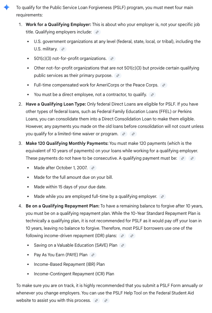 Google Gemini Answer on What Is PSLF | Screenshot by The College Investor