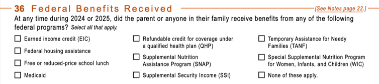 Parent Federal Benefits Received Parent Federal Benefits Received | Source: FAFSA