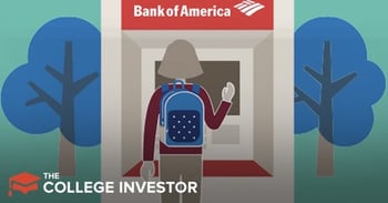 TWFB_BOM This illustrative image features a cartoon student with a blue backpack walking towards a building that resembles a bank or university entrance, flanked by two stylized trees on either side. The words "BANK OF AMERICA" are prominently displayed at the top in blue, with "STUDENT LOAN REVIEW" directly below it in red, making it clear that the image relates to the article's focus on Bank of America student loans. The student's faceless depiction emphasizes the general nature of student loan borrowers, connecting to the discussion of how Bank of America no longer offers private or federal student loans but still maintains a portal for existing borrowers to repay their loans. The image visually encapsulates the article's theme of reviewing Bank of America's historical and current involvement in the student loan market.