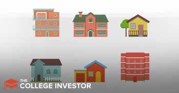 RealtyMogul A graphic illustrating various types of real estate investments available through platforms like RealtyMogul, set against a subtle grey gradient background with "THE COLLEGE INVESTOR" logo in the bottom left corner. The image features six distinct, stylized buildings: a three-story apartment building with balconies, a two-story house with a green roof, a single-story yellow house with a tree, a light blue house with a white picket fence, a red house with an attached garage, and a large red multi-story commercial building. This visual representation highlights the diverse commercial and residential real estate options for investors, including those participating in crowdfunding and REITs, as discussed in the accompanying article on RealtyMogul's investment opportunities.