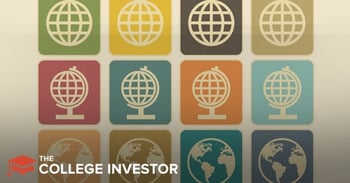 This image features a grid of colorful squares, each containing a white or light-colored globe icon, illustrating the international reach of Prodigy Finance. The top two rows show simple globe outlines with intersecting lines, presented in various background colors like green, yellow, dark gray, and light brown. The middle row displays more detailed globe icons with stands, in backgrounds of red, light blue, orange, and a darker blue. The bottom row showcases detailed world map globes with visible continents in light colors against shades of orange, green, and dark blue. In the bottom left corner, the text "THE COLLEGE INVESTOR" is prominently displayed in white. This visual effectively reinforces the article's focus on Prodigy Finance's services for international graduate students across over 150 countries and 800 schools worldwide.