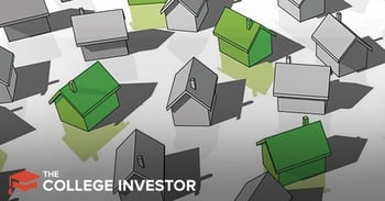 An overhead, graphic illustration displays numerous simplified house icons scattered across a light-colored surface, casting soft shadows. Most of the houses are rendered in a neutral gray tone with black outlines, representing various real estate investments. However, several houses are distinctly colored in a vibrant green, highlighting the specific real estate opportunities discussed in the accompanying article, such as private REITs like Streitwise. This visual effectively conveys the concept of diversifying an investment portfolio with real estate, emphasizing the neglect of this asset class by many investors. In the bottom left corner, "THE COLLEGE INVESTOR" logo is prominently featured in white text, reinforcing the source of the financial advice and guidance on topics like asset allocation and passive income through real estate investment trusts.