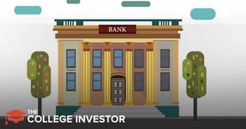 An illustrative image of a traditional, neoclassical bank building with the word "BANK" prominently displayed above its entrance, flanked by tall columns. The building features multiple windows with dark panes and a set of steps leading up to the main door, all rendered in a flat, cartoonish style. Two stylized green trees with rounded leaves stand on either side of the bank, against a muted background with hints of teal shapes suggesting clouds or abstract elements. In the bottom left corner, the white text "THE COLLEGE INVESTOR" is visible, indicating the source of this review. This visual represents the banking services and products, such as high-yield savings accounts and business checking, offered by institutions like Customers Bank, discussed in the accompanying article.