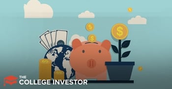 TWFB_CHASE A vibrant, illustrative image depicts financial growth and global banking, relevant to a Chase Bank review. The central focus is a friendly, light pink piggy bank, symbolizing savings and investment. To its left, a partial globe in blue and white represents Chase's widespread presence as one of the largest banks in the U.S., with a fan of dollar bills rising behind it, indicating wealth and financial products. A stack of gold coins sits in front of the globe, while smaller gold coins with dollar signs fall into the piggy bank and float in the light blue sky, which is dotted with cartoonish white clouds. To the right, a potted plant with dark green leaves sprouts a large gold coin with a dollar sign at its center, illustrating the concept of money growing over time. The bottom left corner prominently features "THE COLLEGE INVESTOR" logo in white text, reinforcing the article's target audience and financial education theme. This image encapsulates the idea of smart financial choices, a key theme when considering a full-service bank like Chase for various accounts and services.