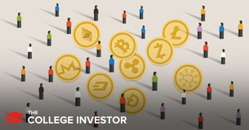This illustrative image for The College Investor features an overhead perspective of numerous stylized, minimalist figures representing investors, scattered across a dark gray surface, looking towards a cluster of gold cryptocurrency coins. The coins display various popular crypto symbols, including Bitcoin (B), Ethereum (a diamond shape), Litecoin (L), Ripple (X), Monero (M), and Dash (D), along with generic "Z" and cloud-network symbols. The diverse figures wear tops in black, white, red, blue, green, and purple, symbolizing the broad appeal and widespread interest in investing in digital assets. The composition effectively visualizes the article's focus on helping beginners understand how to buy Bitcoin and other tokens by exploring the best cryptocurrency exchanges and platforms.