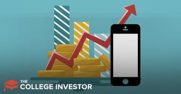 This detailed graphic visually represents the growth and opportunities associated with online stock trading platforms like Webull, specifically for technical traders and investors seeking commission-free trading. On the left, several stacks of gold coins symbolize financial investment and accumulated wealth. Behind the coins, three vertical bar graphs, colored in alternating white-striped blue and yellow, ascend in height from left to right, illustrating increasing value or positive market trends. A prominent red line graph with a sharp upward trajectory and an arrow at its peak overlays the coins and bars, emphasizing significant growth and profitability in the stock market. To the right, a sleek black smartphone with a blank white screen stands upright, signifying the app-based nature of Webull and its accessibility for mobile trading. The bottom left corner features the logo "THE COLLEGE INVESTOR" in white text, indicating the source and context of this review for college investors interested in online stock brokers and trading apps that offer in-depth market research.