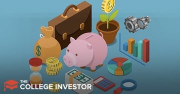 This detailed isometric illustration visualizes key elements of business finance, connecting directly to the article's focus on "Best Business savings accounts." Dominating the center is a classic pink piggy bank, symbolizing savings and encouraging the reader to explore options for parking business cash. Surrounding it are various financial icons: a brown briefcase representing business and investment, a money bag with a dollar sign indicating funds, and stacks of gold coins signifying wealth and interest earnings. A potted plant with a dollar coin as its bloom further emphasizes growth and earning potential from business savings. Other elements include a bar graph and pie chart illustrating financial data and analysis, a calculator for managing money, an hourglass representing time and long-term financial planning, gears suggesting financial mechanisms, and a magnifying glass for careful examination of account options. The logo "THE COLLEGE INVESTOR" is prominently displayed in the bottom left, branding the financial advice provided.