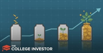 An illustrative image depicting the growth of investments, featuring four glass jars arranged horizontally against a dark blue background with a light blue grid pattern. The first jar on the left is empty, with three gold coin-like shapes falling into it. The second jar contains a small green sprout emerging from a few gold coins at the bottom. The third jar shows a more developed green plant growing from a larger pile of gold coins. The fourth and final jar on the right is overflowing with gold coins, and a thriving green plant with sparkling leaves sprouts from the top, indicating significant financial growth. A light blue line graph trends upwards across the jars, visually representing increasing returns over time. The words "THE COLLEGE INVESTOR" are prominently displayed in white text in the bottom left corner. This image visually reinforces the article's discussion on interest-bearing checking accounts and financial growth offered by NBKC Bank.