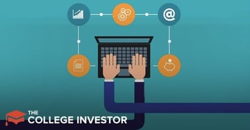 This illustrative image for "The College Investor" article on Capital One 360 banking features a central laptop with hands poised over the keyboard, representing online financial management. Surrounding the laptop are various circular icons connected by lines, symbolizing different aspects of digital banking. To the top left, a blue circle contains a white bar graph with an upward trend, indicating financial growth or investment performance. A yellow gear icon to the top center suggests the mechanics or processes involved in managing accounts. To the top right, a blue "@" symbol within a circle signifies online communication or digital presence. Below the laptop, a yellow document icon on the left denotes paperwork or statements, while a piggy bank icon on the right represents savings and money market accounts. The overall graphic highlights the comprehensive online banking services discussed in the Capital One review.
