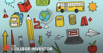 This vibrant, hand-drawn illustration depicts a collection of school-related items scattered across a light blue background, symbolizing various aspects of education and learning. Prominently featured are a yellow school bus, an open red textbook with "MATH" written on it, a green "LUNCH" box, a yellow backpack, a large yellow pencil, a globe, a yellow notebook labeled "NOTES," a calculator, and a red "A+" block. Other elements include a laptop showing a document, eyeglasses, and several small arrows and stars, with "THE COLLEGE INVESTOR" logo partially visible in the bottom left. The image contextually supports the article about Backer and 529 college savings plans by visually representing the educational journey and the financial preparations needed, emphasizing that the platform helps families save for college and other educational expenses, making it easier for friends and family to contribute to a child's future.
