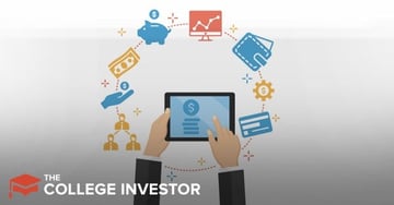 This illustrative image, relevant to an article discussing Barclays Bank reviews and online savings accounts, depicts two hands holding a black tablet displaying a blue dollar sign icon, surrounded by a semi-circle of financial graphics. Clockwise from the top left, the icons include a blue piggy bank with a dollar sign, a red computer monitor showing a line graph, a blue wallet, a yellow gear with a dollar sign, a blue credit card, three interconnected yellow human figures representing banking customers, and a yellow hand with a dollar sign. A yellow stack of bills with a dollar sign sits to the left of the piggy bank. The "THE COLLEGE INVESTOR" logo is visible in the bottom left corner. This visual metaphor highlights the various digital banking products and services offered by institutions like Barclays, emphasizing online-only features such as high-yield savings accounts and CDs, as discussed in the accompanying article. Source: The College Investor