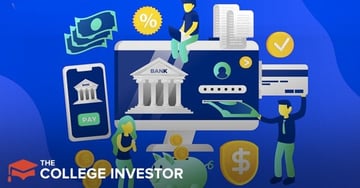 An illustrative image, branded with "The College Investor" logo, depicts various elements of online banking and financial management against a deep blue background. Central to the image is a computer monitor displaying a classical bank building facade, symbolizing Huntington Bank's services. Around the monitor, a young man sits on top, working on a laptop, representing digital access. To the right, paper financial statements, a checked box icon, and a credit card emphasize transactions and approvals. Below the monitor, a piggy bank collects golden coins, and a woman stands observing, while a man on the right holds up a dollar sign shield, signifying financial protection and investment. Other elements include stacks of cash, a percentage sign, and a smartphone displaying a banking app with a "PAY" button, alluding to the convenience of mobile banking and the different account types offered by Huntington Bank, such as checking, savings, and money market accounts.