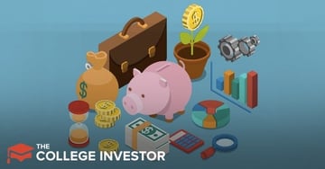 This illustrative image for a "SoFi Active Investor Review" features a vibrant array of financial and investment-related icons against a split blue and grey background. In the foreground, a cute pink piggy bank sits centrally, symbolizing savings and growth. Around it are various elements like stacks of gold coins, a bundle of cash, a calculator, a magnifying glass, and a colorful pie chart representing diversified investments. In the blurred background, additional icons include a briefcase, a potted plant, and a pair of binoculars, suggesting financial planning and observing market trends. The overall composition emphasizes the key aspects of SoFi Active Investing, such as commission-free trading, managing money, and building wealth, aligning with the article's focus on low-cost brokerages and stock trading platforms.