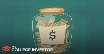 TWFB_NOVO A clear glass jar, half-full with an assortment of paper money and a few gold coins, sits prominently against a teal background, symbolizing saving and business income. A beige label with a bold black dollar sign is affixed to the front of the jar, emphasizing the financial aspect. The jar has a light brown, flat lid. In the bottom left corner, the white text "THE COLLEGE INVESTOR" is visible, indicating the source of the article content. This image visually represents the concept of managing business and personal income, a crucial step for entrepreneurs separating their finances with a small business checking account like the one offered by Novo, as discussed in the review of top business checking accounts.