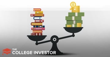A digital illustration depicts a black scale with two pans, balancing two distinct stacks on a dark gray background with the white text "THE COLLEGE INVESTOR" in the bottom left corner. On the left pan, a tall stack of colorful books with various spine colors including red, yellow, blue, and brown, symbolizes education or student expenses. On the right pan, a stack of green dollar bills and gold coins, topped with a dollar sign icon, represents money or financial resources. The money side of the scale is slightly lower, indicating its heavier weight, which visually suggests the significant financial aspect of college investing or managing student finances. This image effectively contextualizes the discussion about financial management tools like Tiller Money for college investors.