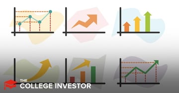 TWFB_MONEYMARKET This vibrant image illustrates various financial growth charts, visually representing the concepts discussed in the article comparing money market vs. savings accounts. The top row features three distinct graphs: a line graph with an upward trend indicating consistent growth, an orange arrow pointing sharply upwards from a baseline, and a bar graph with three ascending bars in orange, yellow, and green, symbolizing increasing value. The bottom row mirrors these themes with a large upward-pointing yellow arrow, another bar graph with four rising bars, and a dotted line graph showing an overall positive trajectory. The consistent upward trends across all six charts subtly convey the potential for growth in different savings and investment scenarios, highlighting the article's focus on choosing between account types like money market and savings accounts for optimal financial planning and interest earnings. The "The College Investor" logo in the bottom left corner grounds the image within the educational context of personal finance.