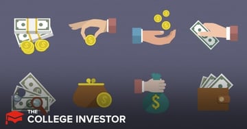 This illustrative graphic, presented on a dark purple background, features eight distinct icons related to financial transactions and money management, directly supporting an article reviewing the Cash App. The top row showcases images of money: a stack of paper currency with gold coins, a hand holding a single gold coin, a hand receiving multiple gold coins, and a hand holding a single dollar bill. The bottom row continues the financial theme with icons depicting stacks of dollar bills alongside a magnifying glass, a brown coin purse with a gold coin, a hand clutching a green money bag adorned with a dollar sign, and a brown wallet overflowing with dollar bills. These visuals collectively represent the various functionalities of financial service platforms like Cash App, which enables users to send and receive money, invest in stocks and Bitcoin, and manage their banking needs, as detailed in "The College Investor" article.