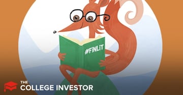 TWFB_FINLIT An engaging graphic for a "Napkin Finance Review" features an orange, fox-like cartoon character with glasses intently reading a green book titled "#FINLIT." The character is perched atop a blue-green, rounded hill, set against a background split horizontally between a light blue sky with faint white clouds and a solid orange-brown base. The words "NAPIKN FINANCE" are prominently displayed in dark blue text above the character, with the word "REVIEW" in bold red text underneath, partially obscured by the character's head and the book. This visual emphasizes the article's focus on Tina Hay's book, "Napkin Finance," an easy-to-understand personal finance guide that simplifies complex money topics through illustrations, making it accessible for readers who struggle with financial concepts and investing.