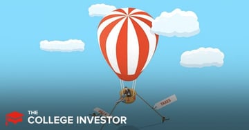 An illustrative image depicting a large, red and white striped hot air balloon ascending into a clear blue sky with fluffy white clouds, representing financial uplift despite burdens. Dangling below the balloon's basket are three separate individuals, each tethered to a significant financial obligation, symbolizing the weight of tax debt and back taxes. The person on the left is holding a sign labeled "BILLS," the central figure is attached to a large gold coin or medallion, and the person on the right is holding a sign clearly marked "TAXES," emphasizing the core theme of the article regarding owing back taxes to the IRS. This visual metaphor effectively conveys the struggle and eventual potential relief associated with managing and overcoming various forms of debt, particularly tax debt. The "The College Investor" logo is visible in the bottom left corner, reinforcing the source of the financial advice.