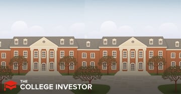 An illustrative, wide shot depicts a stately, symmetrical red brick college campus building with white trim, numerous windows, and several dormer windows on its grey roof, centered against a clear blue sky. Two prominent white-columned entrances flank a slightly recessed central section of the building. In front of the building, several trees with orange and green foliage are neatly spaced across a green lawn, which is bisected by a dark grey pathway or road leading into the foreground. In the bottom left corner, the words "THE COLLEGE INVESTOR" are prominently displayed in white, bold, sans-serif capitalization, connecting the image directly to the article's focus on college savings and investment strategies, such as UNest's UTMA accounts and 529 plans.