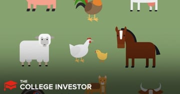 A vibrant, stylized illustration of various farm animals against a solid green background, serving as a visual metaphor for farmland investing. Prominently featured are a white sheep, a white hen with a small yellow chick, and a brown horse, all rendered in a clean, graphic style with minimal detail. Partially visible animals include a pink pig at the top left and a rooster at the top center, further emphasizing the agricultural theme. The bottom left corner displays "THE COLLEGE INVESTOR" logo in white, integrating the branding with the image. This visual helps to introduce the concept of investing in farmland, an alternative asset class discussed in the article, and relates to the idea of "miles and miles of farms" and agricultural states, making the abstract financial topic more accessible.