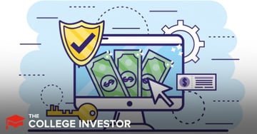 This illustrative image features a light blue computer monitor displaying three green stacks of U.S. dollar bills, each with a dollar sign symbol, suggesting online banking or digital financial management. A cursor resembling a white arrow points towards the money on the screen, while a yellow shield with a blue checkmark, symbolizing security, hovers above the monitor. To the right, a white cogwheel represents settings or processing, and a small purple rectangle with a dollar sign and lines indicates a transaction or receipt. A golden key with a rounded handle extends from the bottom left, reinforcing themes of access and financial solutions. The bottom left corner prominently displays "THE COLLEGE INVESTOR" logo, connecting the visual directly to the article's focus on TD Bank reviews, checking accounts, and savings accounts, emphasizing secure and convenient online banking options.