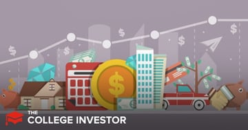 This vibrant, illustrative image for an eToro review by The College Investor depicts various investment concepts against a background of upward-trending financial growth. In the foreground, from left to right, a suburban house represents real estate investment, next to a red calendar, symbolizing financial planning or deadlines. A large gold coin with a dollar sign prominently displayed signifies currency or commodity investment, flanked by stacks of dollar bills. Modern high-rise buildings suggest stock or ETF investments, with a credit card nearby indicating financial transactions. Further to the right, a red car could represent vehicle assets, while a tree with dollar bills for leaves humorously illustrates the concept of money growing. Scattered throughout the scene are various financial icons like dollar signs, paper airplanes, and diamonds. The background features a city skyline silhouette and an upward-sloping line graph with white data points, reinforcing the article's theme of investing, diversification, and potential for financial growth with platforms like eToro, particularly for trading stocks, ETFs, and cryptocurrency.