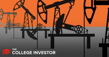 A graphic illustration depicts multiple black oil pumpjacks, also known as "nodding donkeys," silhouetted against a vibrant orange and gray background, transitioning from light gray at the bottom to dark gray, then to orange at the top. The pumpjacks are shown in various stages of their operational cycle, with their characteristic beam arms moving up and down, suggesting the continuous extraction of oil. The prominent text "THE COLLEGE INVESTOR" in white sans-serif font is positioned in the bottom left corner. This image visually represents the concept of investing in oil, a volatile commodity discussed in the accompanying article, highlighting the active and hands-on nature of oil investing compared to more passive strategies like index funds.