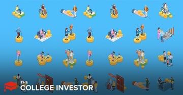 This illustrative image features a repeating pattern against a solid blue background, depicting various isometric representations of individuals and groups interacting with stacks of gold coins, symbolizing investments and savings. In the top row, a person in a wheelchair is positioned next to a stack of coins, while another scene shows a hand offering coins to a standing person. Other rows include individuals sitting on chairs near coins, families standing on or near coin stacks, and scenes of people engaging in what appears to be financial transactions. At the bottom left, the text "THE COLLEGE INVESTOR" is prominently displayed. The image visually represents the article's focus on 401k loans and withdrawals, illustrating concepts of borrowing against oneself, repayment, and the accumulation or use of retirement funds for various life events or expenses.