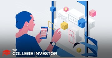 This detailed illustration, framed by the dark blue "THE COLLEGE INVESTOR" logo in the bottom left, depicts a user engaging with a digital interface, symbolizing the modern, online-only nature of Mint Mobile's service. A person with dark blue hair and a light pink face, wearing a dark blue shirt and a watch, is shown in profile, looking towards the right. They are holding a blue smartphone in their left hand, displaying a stylized user profile or account interface with light pink elements. Their right hand is extended, index finger pointing at a yellow 3D cube, interacting with a translucent, futuristic screen that features various floating geometric shapes in shades of blue, yellow, pink, and white. These elements represent the streamlined digital experience and premium wireless service that Mint Mobile offers through its contract-free cell phone plans and the T-Mobile network, emphasizing the accessibility and simplicity of managing a mobile plan online, as discussed in the article's review.
