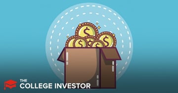 The image features a brown cardboard box, open at the top, overflowing with shiny golden coins, each marked with a dollar sign, some sparkling to indicate value. The coins symbolize the savings and investment growth possible with a Health Savings Account (HSA) for individuals with a High-Deductible Health Plan (HDHP), as discussed in the article about Optum Bank. Behind the box, a light blue circle with a dashed white outline suggests a protective or contained environment for these valuable assets. The background is a solid medium blue, creating a clear contrast, and the words "THE COLLEGE INVESTOR" are visible in white text in the bottom left corner, indicating the source of this financial content. This visual effectively represents the benefits of an HSA, offering access to saving and investing, key features of Optum Bank's full-service HSA product.