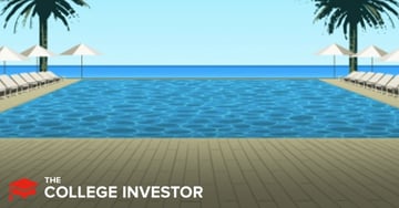 A cartoon illustration depicts a luxurious private pool area, emphasizing the allure of hourly private pool rentals available through Swimply. The foreground features a spacious wooden deck with a shimmering blue swimming pool, reflecting the bright sky. On either side of the pool, white lounge chairs with matching umbrellas invite relaxation. Lush green palm trees frame the scene, suggesting a tropical or resort-like atmosphere. In the background, a vast, calm blue ocean meets the horizon under a clear sky, further enhancing the sense of an ideal getaway. The bottom left corner prominently displays "THE COLLEGE INVESTOR" logo, connecting the image to the article's financial advice and the concept of Swimply as a potential side gig income or an affordable option for families and friends to host pool parties.