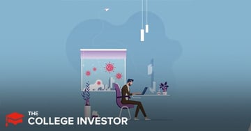 This illustrative image visually represents the article's focus on "How To Handle Taxes For Your Side Hustle." A stylized man with a beard is depicted working diligently at a desk, looking at a laptop computer. He is seated in a purple office chair, with a small potted plant and a bottle on his white desk. Through a large window behind him, a city skyline is visible under a light blue sky, accented with several red, spiky virus-like icons, subtly hinting at the current remote work or side hustle environment. The bold text "HOW TO HANDLE TAXES FOR YOUR SIDE HUSTLE" is prominently displayed at the top, with "TAXES" highlighted in red, reinforcing the core topic of managing self-employment taxes for side hustle income, including Social Security and Medicare taxes, to avoid a tax nightmare.