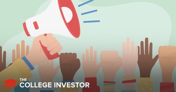 This image depicts a stylized illustration representing advocacy for student loan borrower protections, directly relating to the California Student Borrower Bill of Rights discussed in the article. A prominent red and white megaphone in the upper left corner, held by a light-skinned hand, points rightward, emitting three blue sound waves, symbolizing a powerful message or announcement. Below the megaphone, a diverse group of hands, some open and raised as if in agreement or participation, and others clenched into fists, are shown, suggesting unity and strength among student loan borrowers. These hands vary in skin tone, emphasizing broad support and the impact of the new law on a wide range of individuals. The background is a soft, light green. In the bottom left corner, the text "THE COLLEGE INVESTOR" is displayed in white, indicating the source of this important information regarding student loan reform and consumer protection laws like AB 376.