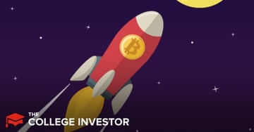 Bitcoin IRA A vibrant, stylized illustration depicts a red rocket, featuring a prominent gold Bitcoin logo on its side, soaring through a dark purple night sky filled with scattered white stars. The rocket has a pointed white nose cone, white fins, and a dynamic yellow-orange exhaust plume streaming behind it, suggesting rapid ascent. In the upper right corner, a partial view of a bright yellow, textured moon or planet is visible, hinting at a celestial destination. The bottom left corner prominently displays the white text "THE COLLEGE INVESTOR," which is the brand associated with the article. This image visually represents the concept of investing in cryptocurrencies like Bitcoin through an IRA, conveying growth and the potential for financial gains in the digital asset market, as discussed in the accompanying Bitcoin IRA review.