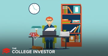1099-NEC This vibrant, cartoon-style illustration depicts a person sitting at a desk, likely a contractor or freelancer, diligently working on their taxes, which is highly relevant to understanding the 1099-NEC form. The individual, dressed in a blue shirt, is positioned centrally behind a dark grey desk, with papers stacked in front of them, suggesting the process of managing financial documents. To the left, a retro-style orange desk lamp illuminates the workspace, alongside an old-fashioned red rotary phone, adding a touch of classic office ambiance. On the right side of the image, a tall bookshelf filled with various books and binders reinforces the theme of financial record-keeping and knowledge associated with tax forms like the 1099-NEC, which is exclusively intended to report freelance and contractor compensation. The overall scene clearly communicates the administrative tasks associated with non-employee compensation and side hustle income.