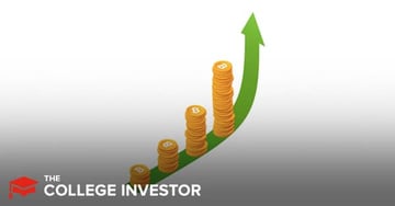 An illustrative image on a gradient background from white to dark gray, featuring four ascending stacks of gold Bitcoin coins, symbolizing growth in cryptocurrency investing. A large, curving green arrow points upwards and to the right, sweeping beneath and past the coin stacks, reinforcing the concept of increasing value and positive returns. The smallest stack is in the foreground, with each subsequent stack becoming taller and appearing further back, visually representing progressive growth. In the bottom left corner, the white text "THE COLLEGE INVESTOR" is displayed, indicating the source or context of this financial education content. This image effectively visualizes the potential for earning interest and investment growth on cryptocurrency platforms like Crypto.com, which supports buying, selling, and staking digital assets.