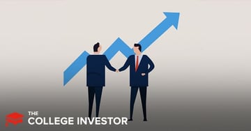 This image visually represents the concept of "Growth Investing: What Is It & How To Start," featuring two professional male figures shaking hands against a background with an upward-trending blue arrow graph. The man on the right is more visible, dressed in a grey suit jacket, white shirt, and a red tie, with dark blue pants, suggesting a business or financial context. The text overlay in prominent red letters reads "WHAT IS IT & HOW TO START," emphasizing the article's focus on defining growth investing and guiding beginners. The upward arrow symbolizes the appreciation and potential for outsized returns associated with growth stocks and funds, a key aspect of this aggressive investing strategy. The handshake signifies partnership, advice, or making a deal within the investment world.