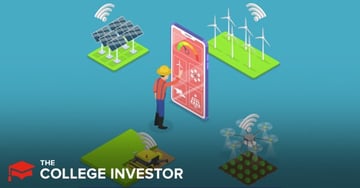 This illustrative image depicts various elements of modern agricultural technology, central to the "Harvest Returns" platform discussed in the article. A farmer wearing a yellow hat and orange shirt stands next to a large smartphone displaying data related to farming operations. Surrounding him are isometric representations of sustainable and high-tech farming methods: solar panels generating energy, wind turbines for power, an autonomous tractor plowing a field, and a drone hovering over crops, all connected wirelessly. The image visually reinforces the article's theme of diversifying investments into agriculture, timberland, and other related real estate through platforms like Harvest Returns, highlighting the blend of traditional farming with innovative technology for efficient production.