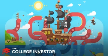 An engaging, cartoon-style illustration depicts a large, brown pirate ship with black sails featuring a white skull and crossbones emblem, sailing on a blue ocean under a bright yellow sun. A gigantic red kraken, a mythical sea monster, is actively attacking the ship with its numerous tentacles wrapping around the hull and masts, emphasizing the high-risk nature of cryptocurrency investments discussed in the article. Several small pirate figures are visible on the ship, some battling the kraken, while another small figure in a red cap appears to be waving from a distant island. The lower left corner of the image prominently displays "THE COLLEGE INVESTOR" logo in white text, associating the visual narrative of battling a kraken with the challenges of finding a reliable and secure crypto exchange like Kraken, as highlighted in the accompanying article about Kraken Review.