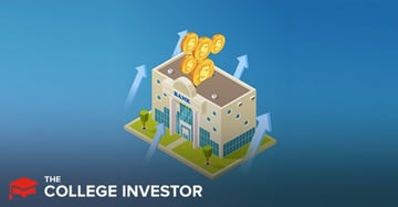 An isometric illustration on a blue background depicts a stylized, light brown bank building with "BANK" written above its entrance, featuring classical columns and large windows. Above the bank, several gold coins are stacked, with five coins visible, suggesting financial growth and high returns. Four light blue arrows emanate from around the bank's foundation and point upwards, further emphasizing the concept of increasing value or high yield, directly relating to the article's focus on high-interest checking accounts. The foreground prominently displays the text "THE COLLEGE INVESTOR," identifying the source of the financial advice. This image visually represents the core concept of a bank generating high interest on checking accounts, connecting directly to the article's discussion of the best high-yield checking account options available. Source: The College Investor