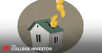 Hometap review An illustration depicts a small, white house with a dark green roof, centered within a grey circular background that includes subtle hints of tall, dry grass on the right side. Several shining gold coins are shown falling from the top of the image, with some landing directly into a slot on the house's roof, symbolizing an investment into the home. The artwork represents the concept of tapping into home equity, as discussed in the accompanying article about Hometap, a fintech company offering an alternative to traditional home equity loans. The bottom left of the image features "THE COLLEGE INVESTOR" in white, bold, sans-serif text, identifying the source of this content.