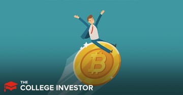 Best Crypto Bonus Offers A cheerful, light-skinned man with brown hair, dressed in a blue suit jacket, white shirt, and red tie, celebrates excitedly with his arms outstretched, as he balances precariously on the edge of a large, golden Bitcoin coin. The coin, detailed with a prominent 'B' symbol and a circular pattern, appears to be rolling forward and upward, leaving a subtle white streak behind it, signifying momentum. The background is a solid, teal-blue gradient, darker at the top and lighter towards the bottom. In the lower-left corner, "THE COLLEGE INVESTOR" is displayed in white, sans-serif font. This image visually represents the excitement and potential rewards of earning free crypto and securing crypto bonus offers, aligning with the article's focus on the best crypto bonuses available.