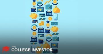 A vibrant, light blue background gradually darkens to a deep blue at the bottom, creating a smooth gradient. A vertical stripe on the left side is filled with an array of financial icons in shades of blue and golden yellow. These icons include piggy banks, credit cards, stacks of cash, coins, wallets, briefcases, banks, money bags, safes, and upward-trending line graphs with arrows, all symbolizing various aspects of money management and financial growth. The bottom left corner prominently features the white text "THE COLLEGE INVESTOR," a brand that aligns with the article's focus on personal finance. This image visually represents the diverse tools and concepts associated with managing money, particularly prepaid debit cards, which are discussed in the accompanying article as a useful financial tool for those seeking convenience without the risk of overspending or overdraft fees.