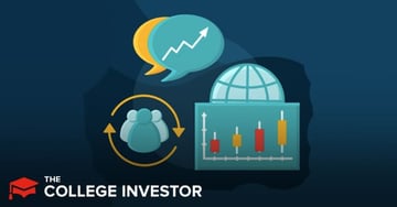 what is short selling An illustrative image on a dark blue background depicts various investing concepts relevant to short selling. In the top center, two speech bubbles overlap, with the front turquoise bubble containing a white jagged arrow pointing upwards, symbolizing market trends or discussions about stock performance. To the right, a stylized globe sits atop a candlestick chart with red and white candles, indicating global stock market activity and potential declines that short selling profits from. On the left, a circular arrow surrounds three simplified person icons, suggesting investor sentiment or the cyclical nature of the market. The bottom left corner features "The College Investor" logo, reinforcing the educational context for understanding high-risk strategies like shorting to make money in the stock market.