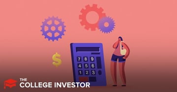 A digital illustration on a pink and red gradient background depicts a woman contemplating financial calculations related to options trading, emphasizing the process of choosing the right strike price and expiration. A large, dark purple calculator with a clear number pad (7, 8, 9; 4, 5, 6; 1, 2, 3; 0) is central. To its left, a bright yellow dollar sign symbolizes profit and financial gain. Above the calculator and dollar sign, three interconnected gears in shades of purple and red represent the intricate mechanisms of the stock market and options strategies. A stylized female figure stands to the right of the calculator, dressed in shorts and a tank top, with one hand to her chin, appearing to be in deep thought about the complex decisions involved in buying or selling puts and calls, as discussed in the accompanying article on options trading for investors.