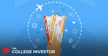 This image features a vibrant blue background, illustrating the concept of airline mileage malls and how consumers can earn miles for everyday shopping. A hand holds two airline boarding passes, one predominantly red and the other orange, signifying travel and rewards. Encircling the boarding passes is a dashed white line, forming a circular path that includes various white icons representing aspects of travel and shopping. These icons include airplanes, a globe, a map, sunglasses, a briefcase, a sun, and location pins, alluding to the destinations and purchases possible through airline mileage programs. The bottom left corner displays "THE COLLEGE INVESTOR" in white text, indicating the source of the article and its focus on financial strategies, such as maximizing airline miles.